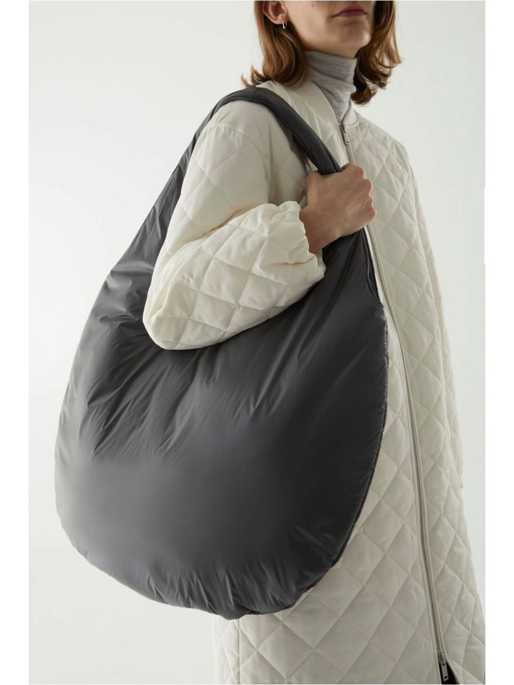 COS Recycled Nylon Padded Shoulder Bag - Gray Puffy Roomy Circle Shopping Tote